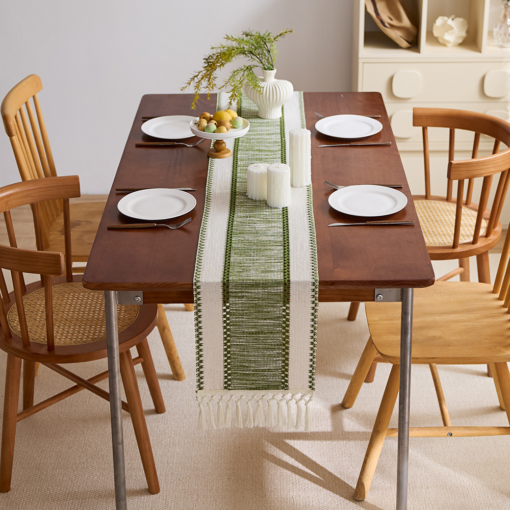 Cotton and linen style table flag with tassel knots, fresh and clean sage green festival party table decoration, coffee table tablecloth pad details Picture