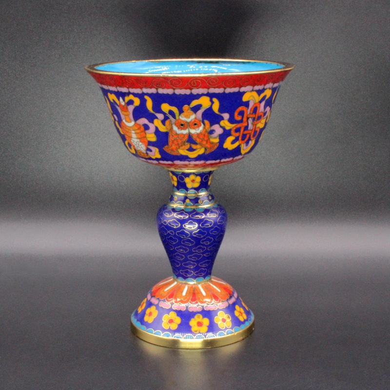 Beijing Cloisonne vintage butter lamp, Buddhist ritual implements, traditional copper body, cloisonne enamel, polished 6-inch long-burning lamp