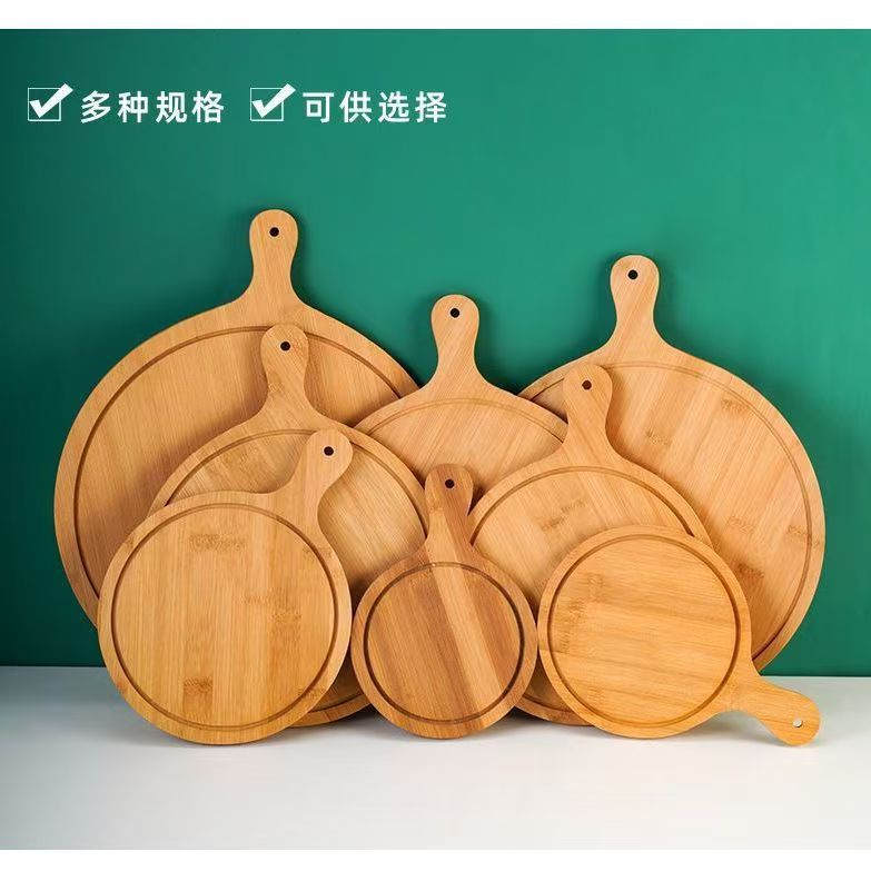 In-stock bamboo and wood pizza trays, restaurant bread and dessert trays, wooden pizza boards with handles, sushi and cake trays details Picture