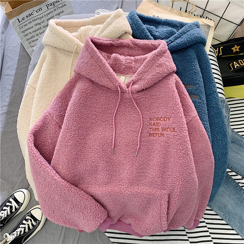 Cross-border real shot 300g lambskin thickened hoodie for women, American loose lambskin pile-up hoodie for women sent on behalf Specification drawing