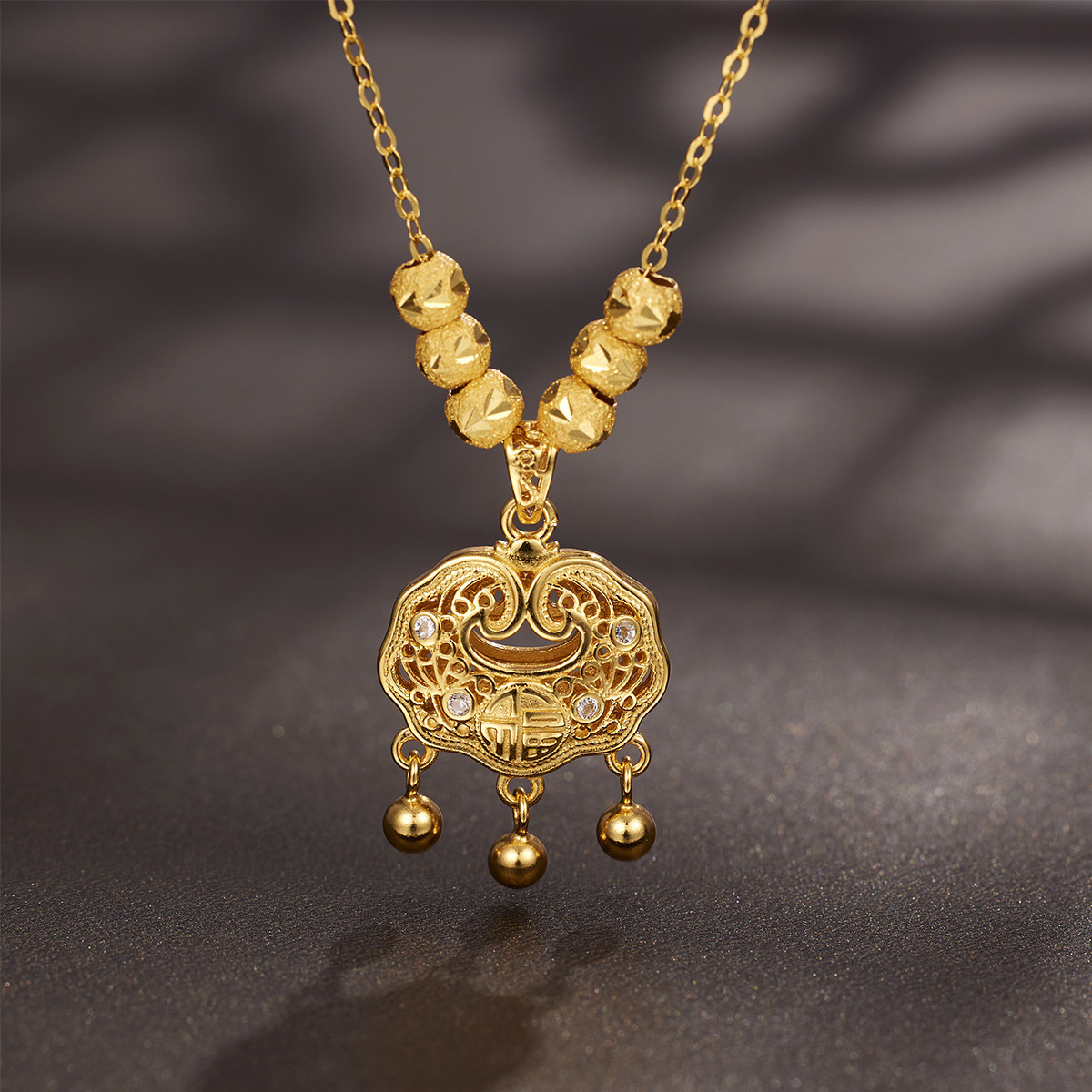 Peace Lock necklace, Chinese and ethnic style, double-sided filigree hollowed-out ruyi longevity lock collarbone chain accessory full figure