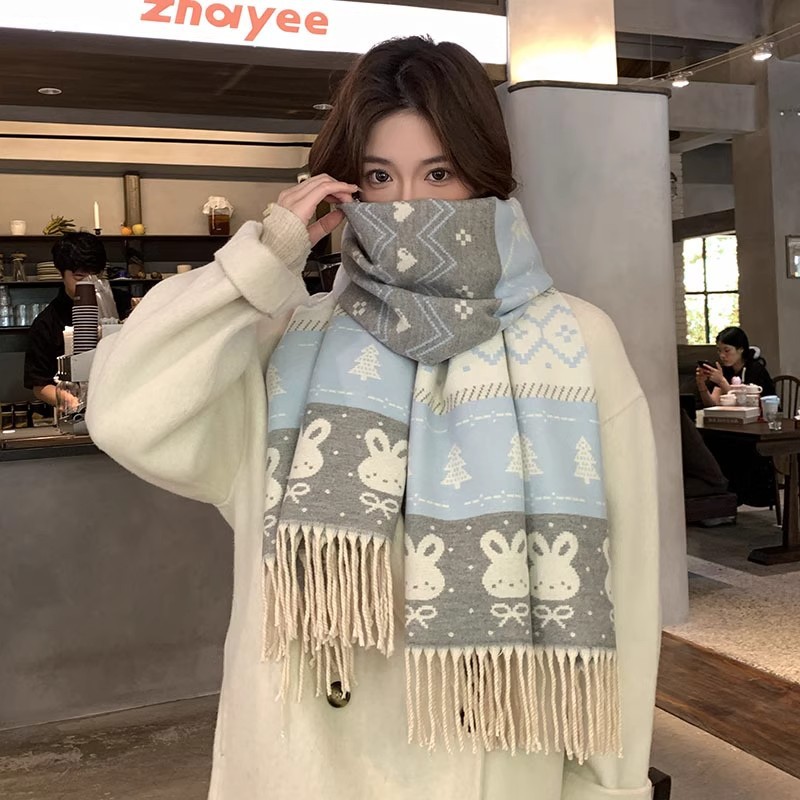 新款双面卡通小兔子围巾女流苏超柔软可爱小清新冬季围脖学生保暖