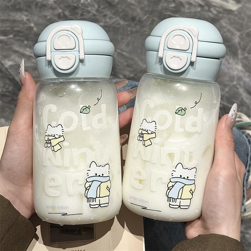 Cute, high appearance level portable water cup 2025 New Korean version high borosilicate glass cup, double drinking straw cup for going out