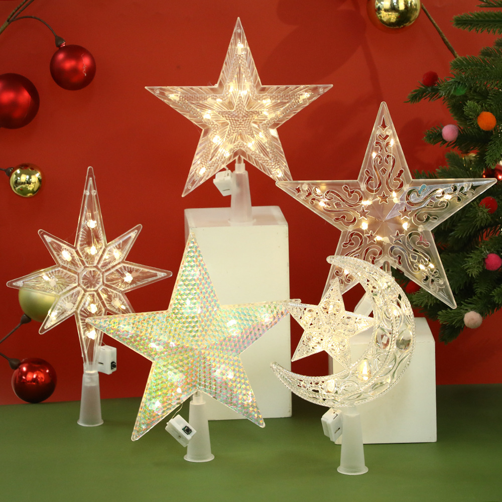 Cross-border best-selling illuminated Christmas tree top star hollowed-out moon star Christmas tree top LED light Christmas decoration details Picture