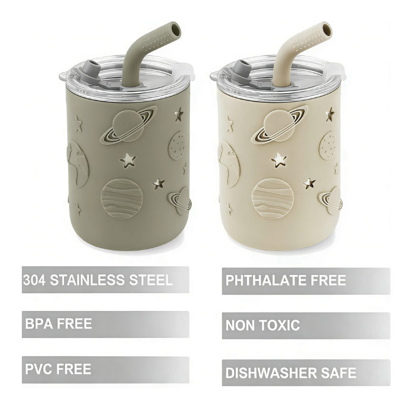 Cross-border stainless steel children's water cup with lid, straw water cup, baby with silicone sleeve, shock-resistant drinking training cup full figure