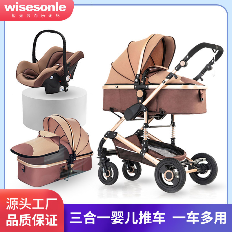 This multi-functional three-in-one baby stroller comes with a basket-style crib, a car seat, a metal frame, and black wheel handles. It's a great companion for taking kids out. It's lightweight and practical