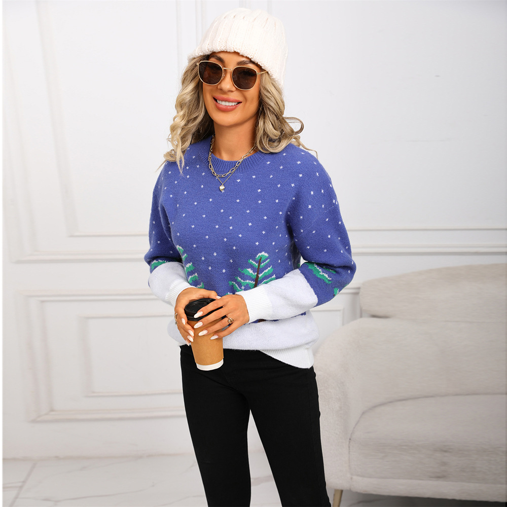 New autumn and winter blue sweater, jacquard long-sleeved round-neck Christmas knitted sweater, New Year Christmas tree pullover, casual sweater Specification drawing