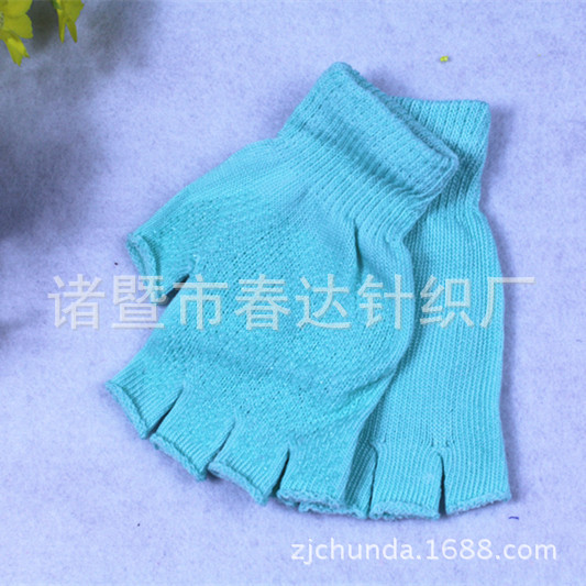 Korean autumn and winter light blue knitted half-finger gloves, your own baby sleeve, touch screen cycling plush warm women's style