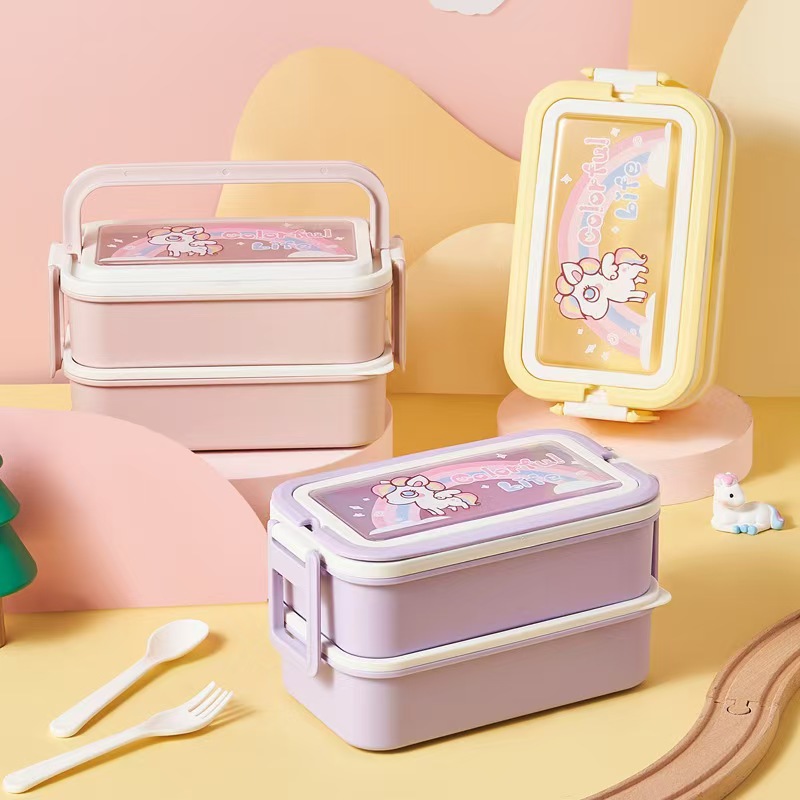 2025 New creative double-layer lunch box with spoon and fork, cartoon rectangular portable hand-held lunch box, large capacity lunch