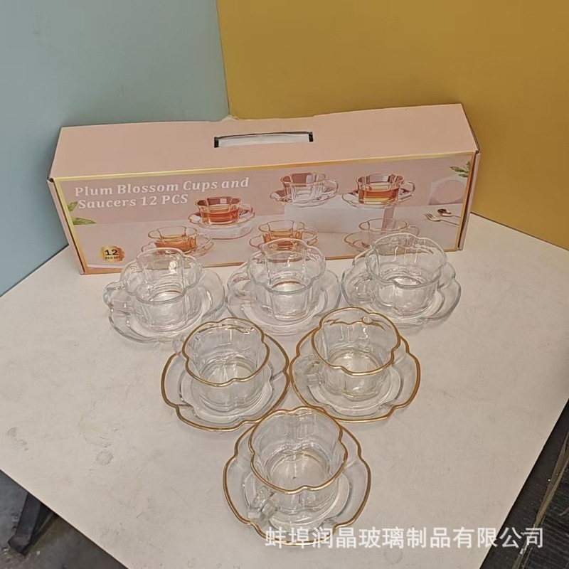 梅花玻璃杯六件套家用耐高温奶杯杯子加厚透明咖啡杯碟套装随手礼细节图