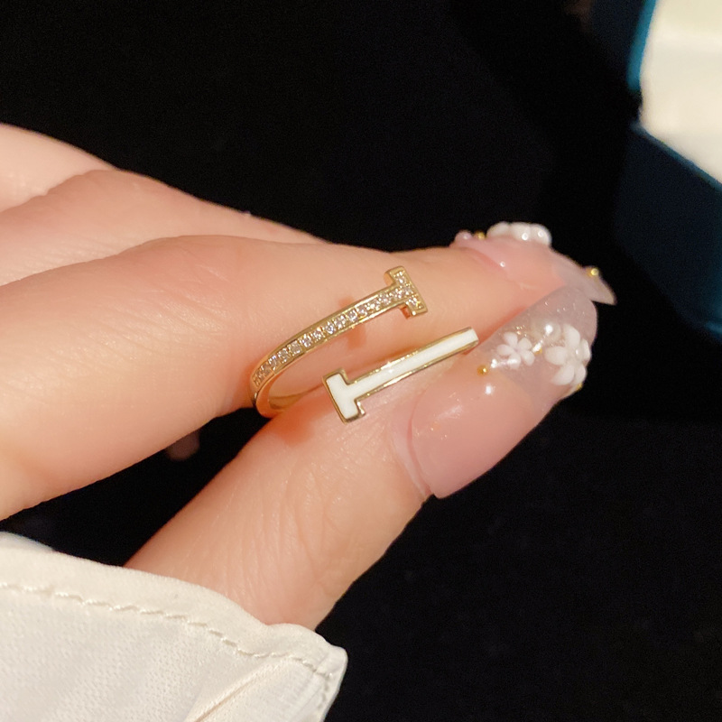 Double T oil-dripping open ring, women's diamond-encrusted, light luxury, cold style, niche design, ins trendy fashion, versatile accessory for hair replacement details Picture