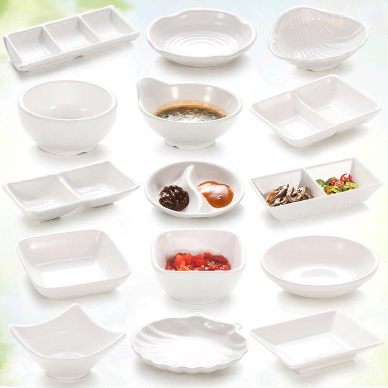 Melamine small saucers, plastic soy sauce saucers, round flavor saucers, two-compartment dipping saucers, hot pot seasoning dipping bowls, vinegar saucers, commercial