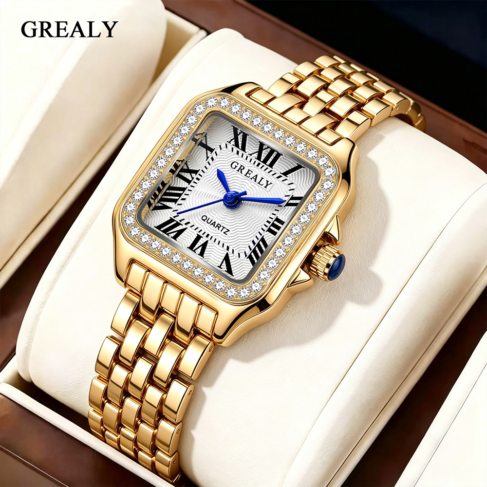 Cross-border women's best-selling square diamond-encrusted waterproof women's watch, retro quartz watch, new women's watch customization wholesale Specification image