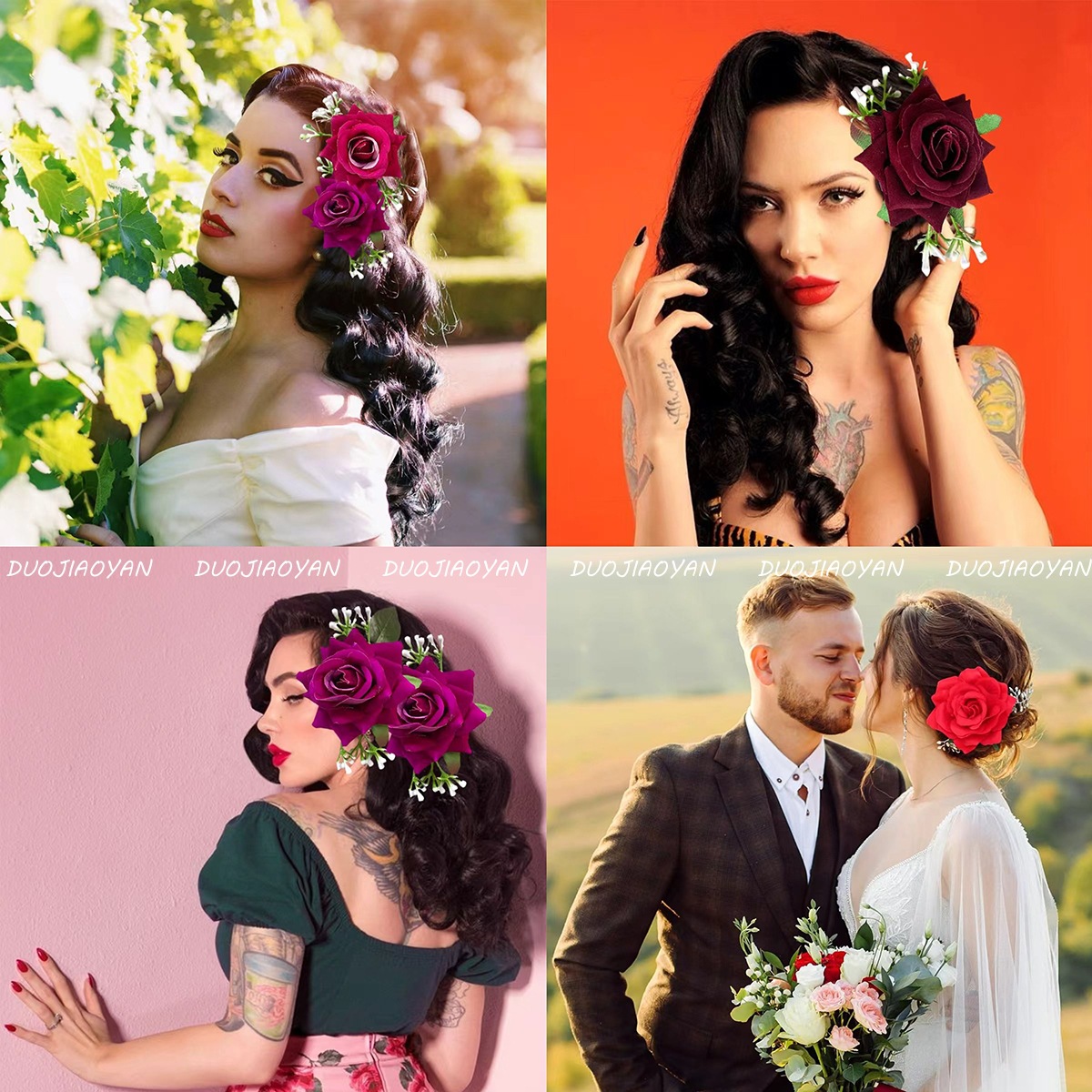 Cross-border simulation rose hair clips, Bohemian-style bride photo headwear, natural style rose hair accessories, corsages details Picture