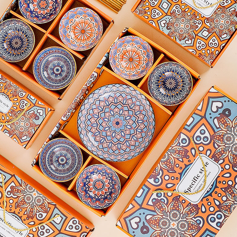 Bohemian ceramic bowl, plate, cutlery gift box set, practical rice bowl and cross-border gift for opening event details Picture