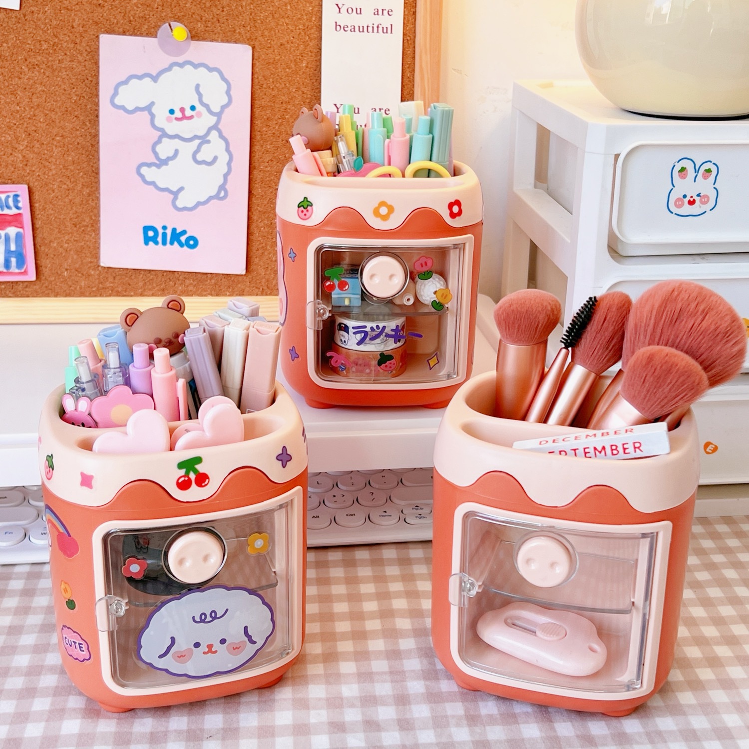 Cute cartoon creative multi-grid piggy pen holder, girlish student office stationery, pig-nosed drawer pen holder Application Scenario