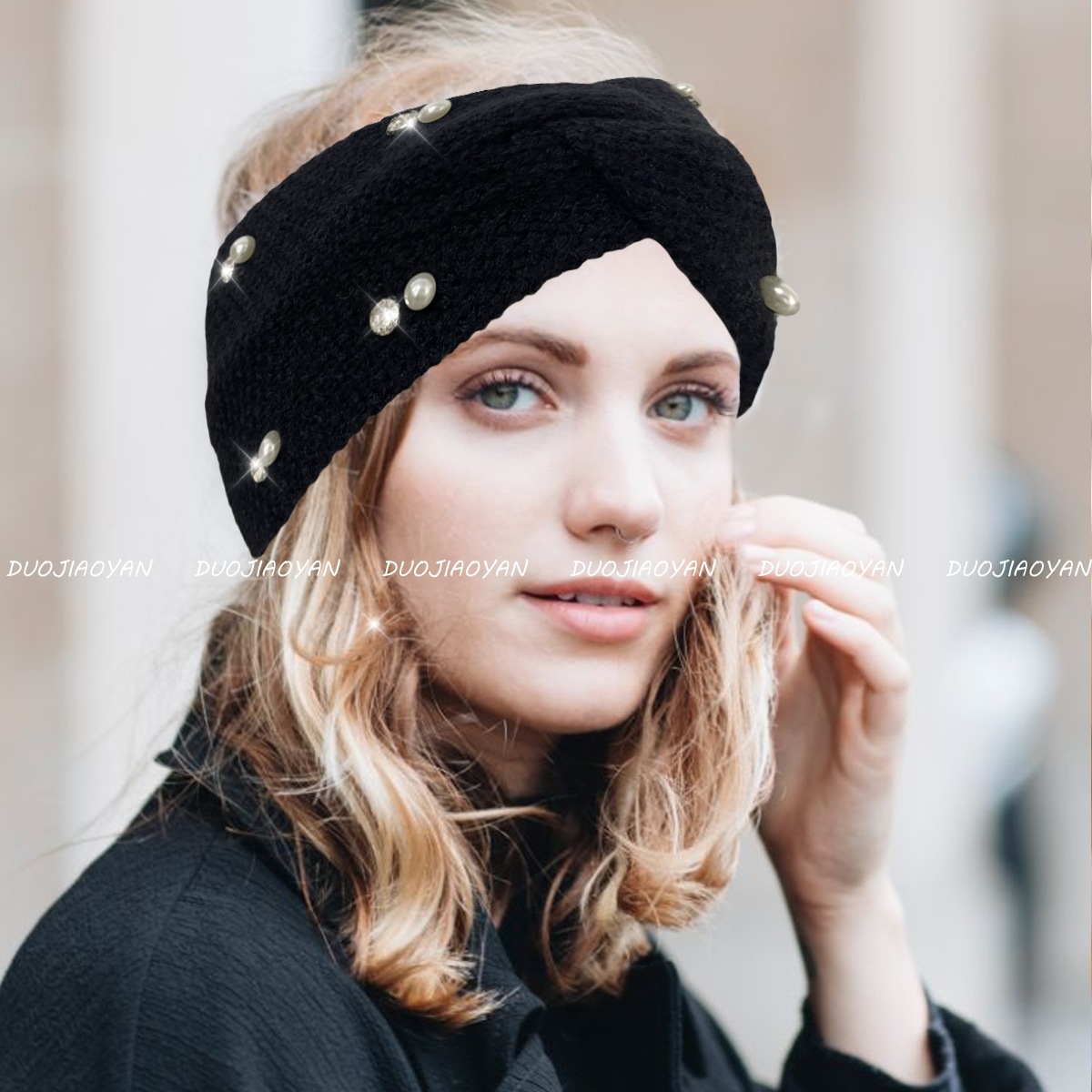 New cross-border wool beaded headband, solid color retro pearl simple headwear, wide edge elastic knitted warm headband details Picture