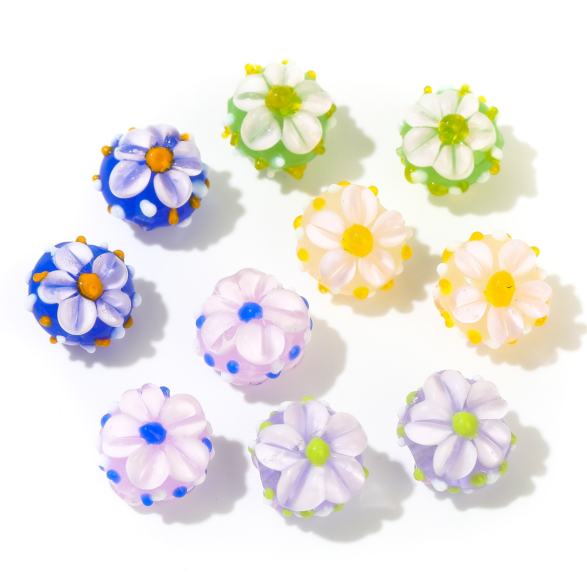 Three-Dimensional Flower-Dotted Flat Round Glass Bead Necklace, Bracelet, Bracelet Diy Accessory, Material Bead, Antique Glass Bead Wholesale, Glass Bead Wholesale, Glass Bead Accessories details Picture