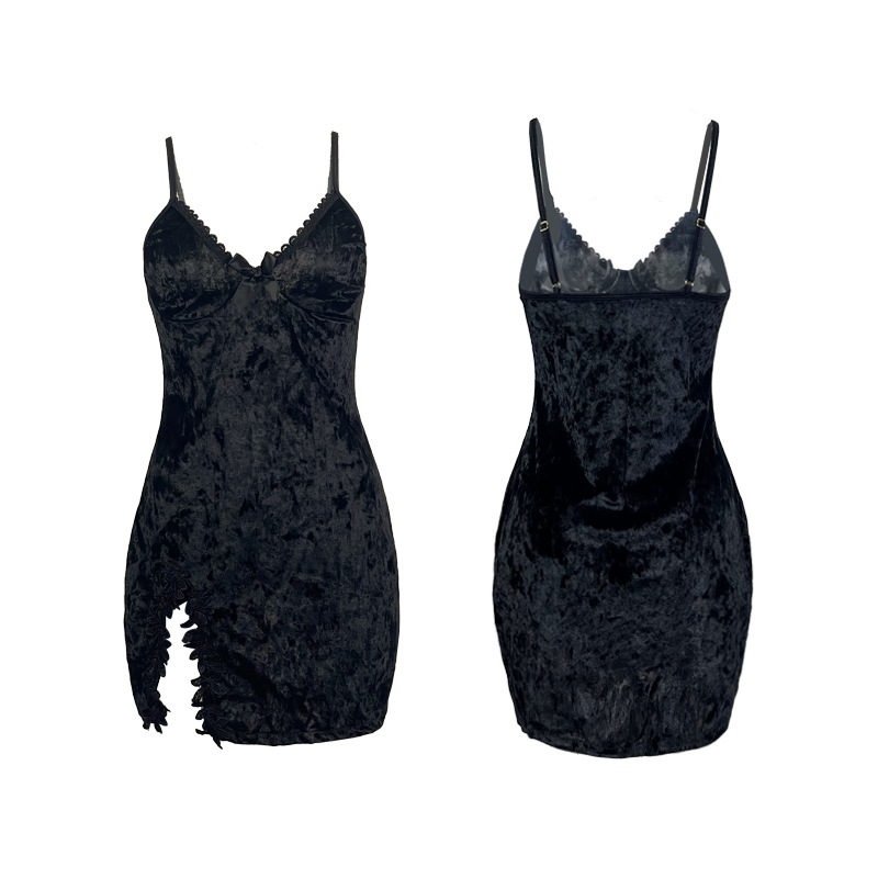 Feiyun Cross-border's new velvet sexy lace slit halter nightgown, backless seductive home wear pajamas for women 565 Item Picture