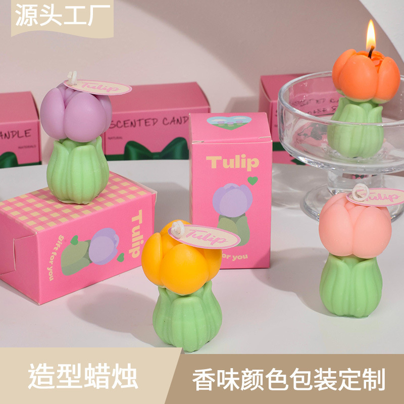 三八妇女节女神节伴手礼物花苞郁金香薰蜡烛造型蜡烛香氛批发摆件