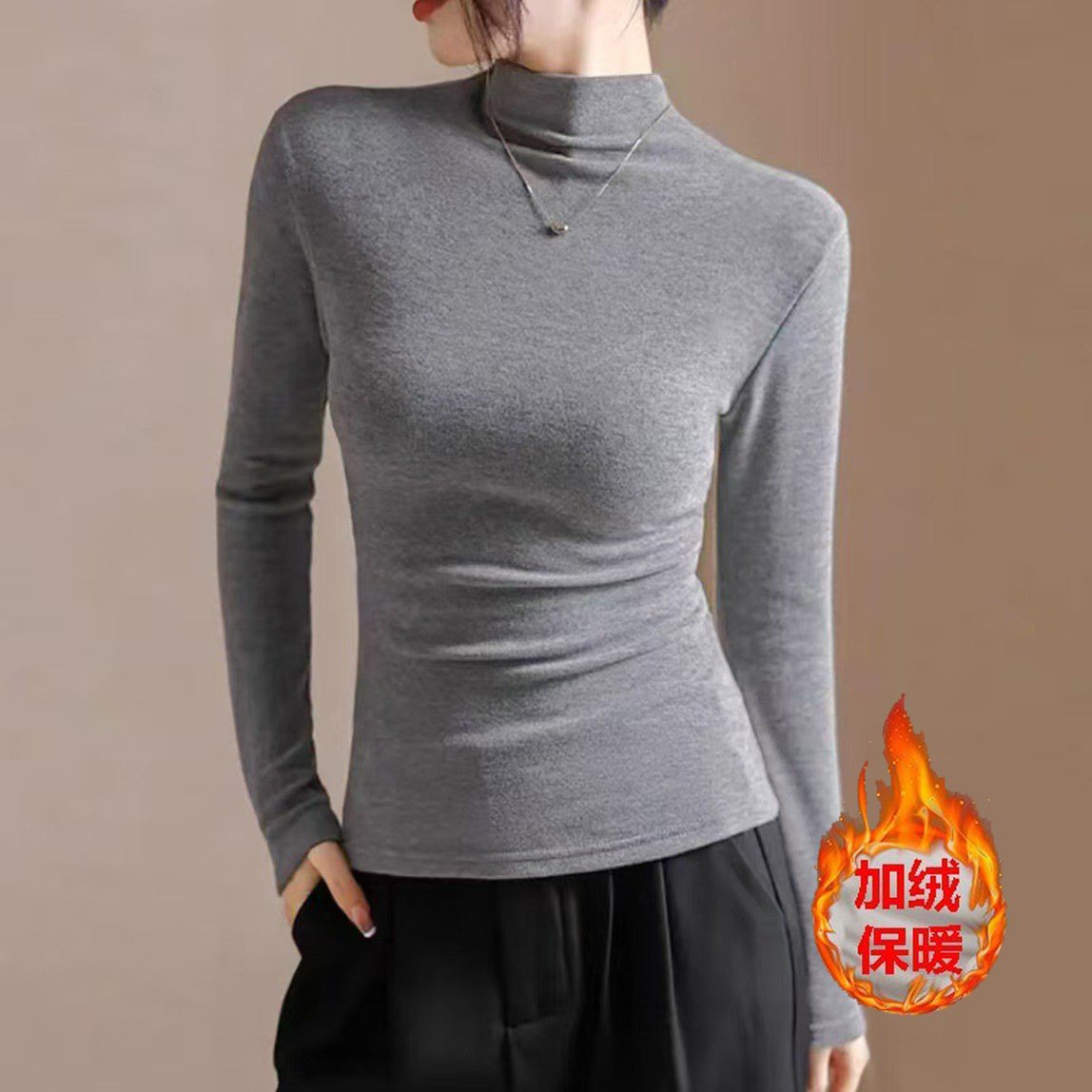 This autumn and winter internet-famous semi-high neck pleated thickened warm long-sleeved T-shirt is a versatile and well-matched long-sleeved base layer for women. It is of high quality Application Scenario
