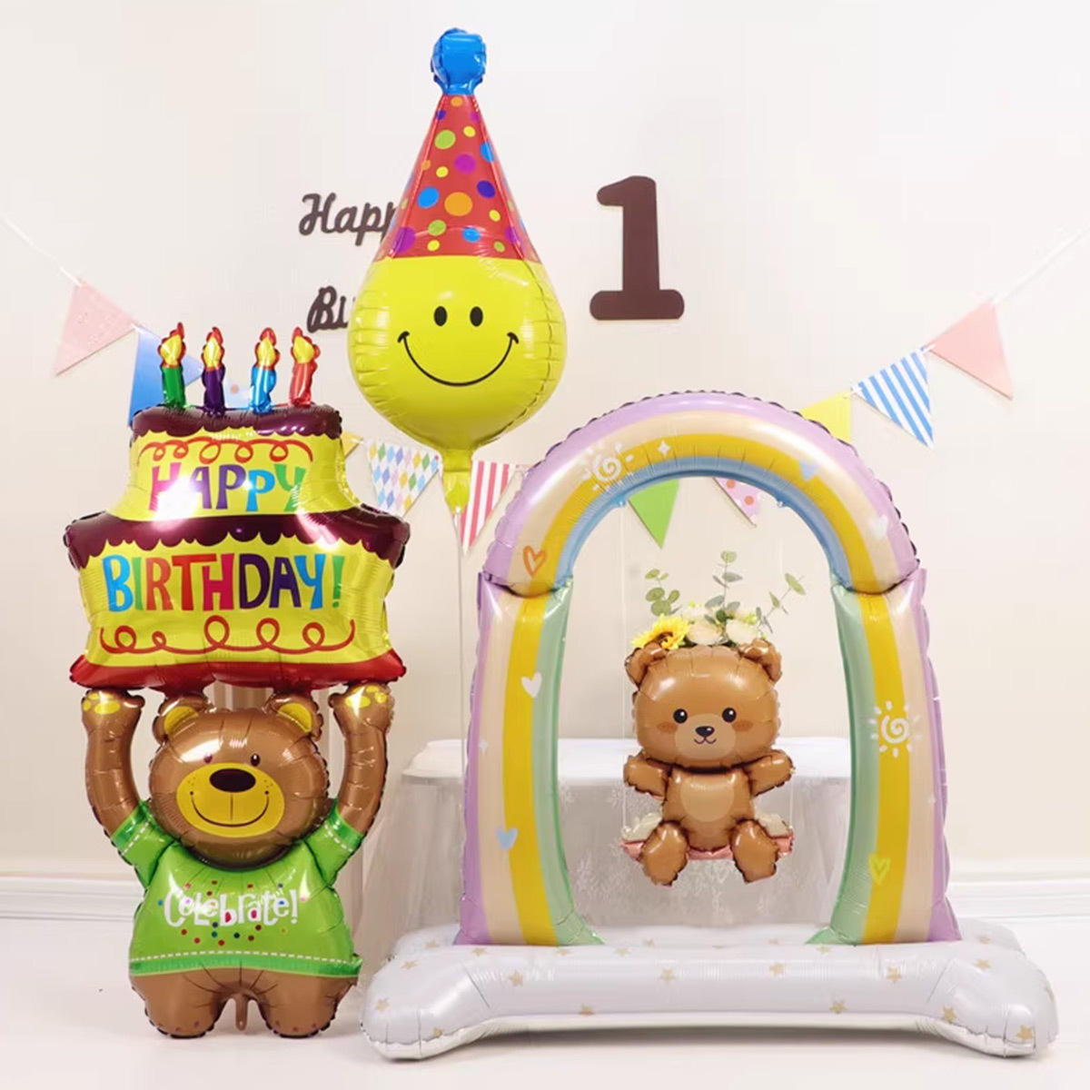 网红举蛋糕荡秋千小熊铝膜气球儿童宝宝生日派对拍照布置装饰道具
