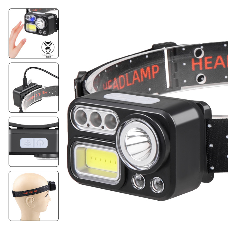 Cross-border XPE+COB headlamp with built-in battery TYPE-C charging lightweight headlamp, four-source sensor headlamp Item Picture