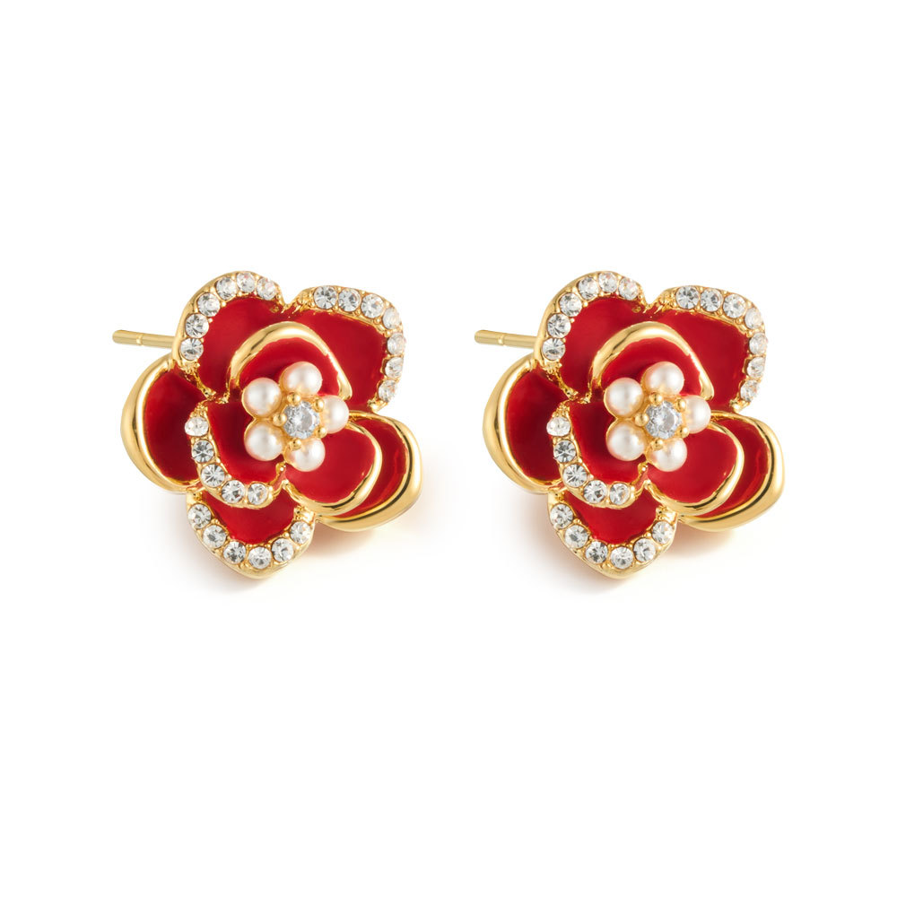 French retro camellia stud earrings, copper alloy, real gold electroplated, slightly inlaid zircon S925 silver needle enamel oil drop earrings Item Picture