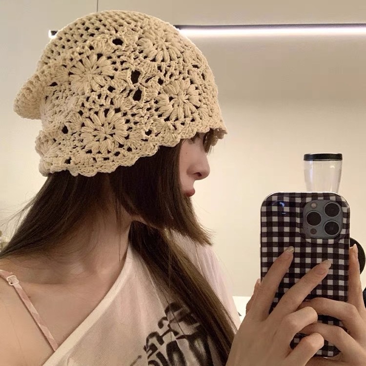 Handcrafted hook flower hollowed-out three-dimensional flower headpiece hat for girls, Spring and Autumn, artistic, retro, simple and versatile knitted hat, Dui Dui hat
