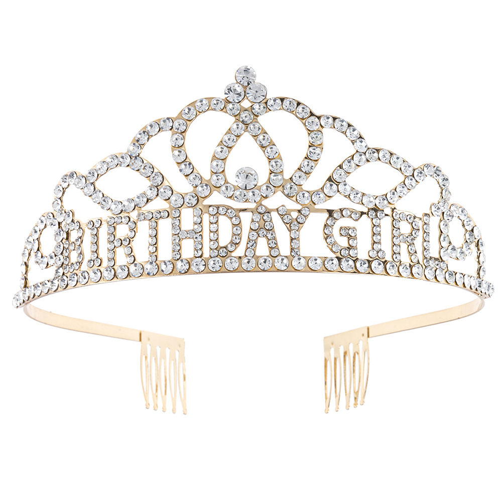 厂家直销跨境皇冠头饰货源 BIRTHDAY GIRL 英文字母水钻生日女孩皇冠派对头饰