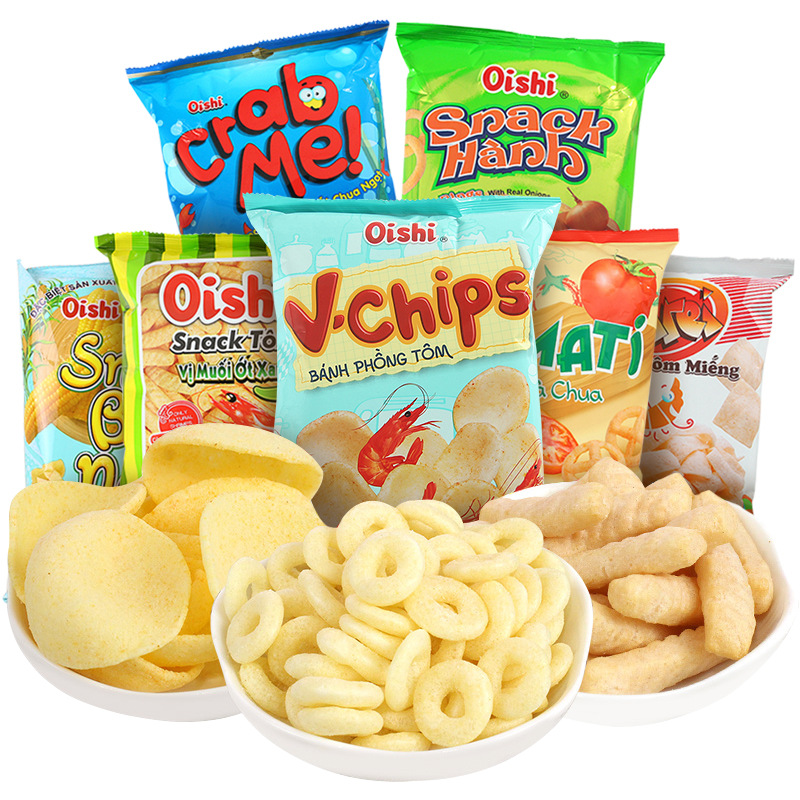 Wholesale of Vietnamese imported snacks, Shanghaojia fresh shrimp chips, 40g French fries, onion rings, puffed snack foods Application Scenario