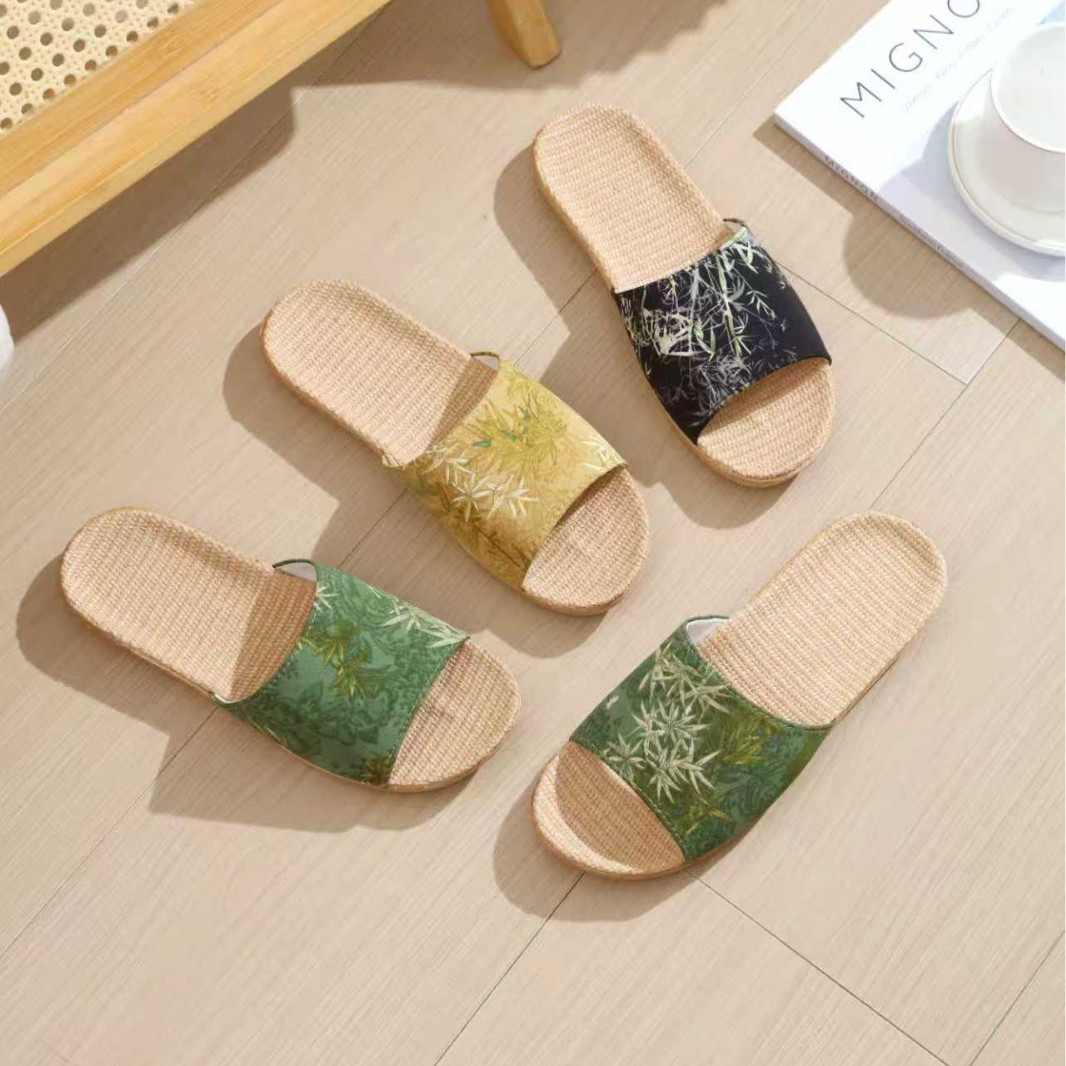 国潮新款竹子布艺新款亚麻拖鞋女室内软底防滑家居凉拖鞋