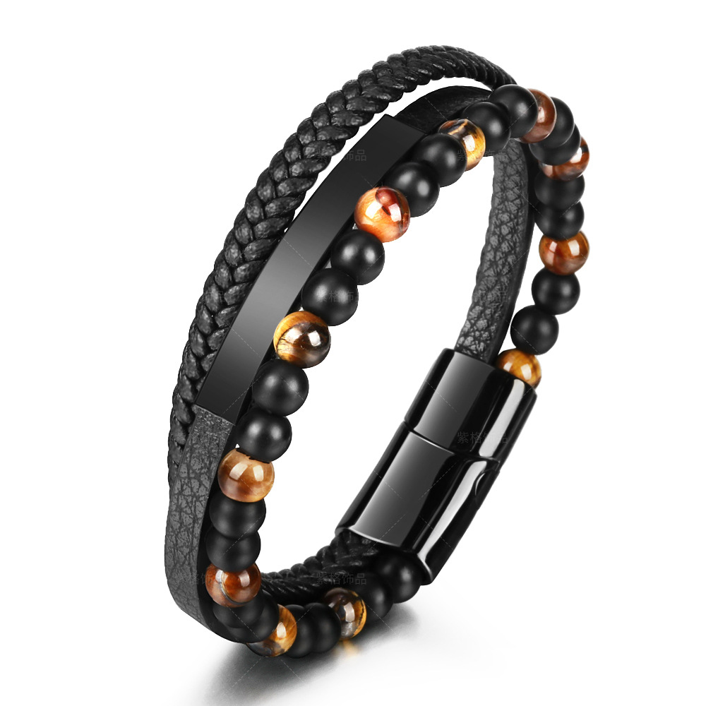 Amazon Tiger's Eye natural stone bead bracelet, leather rope woven bracelet, multi-layer men's cowhide black bracelet full figure