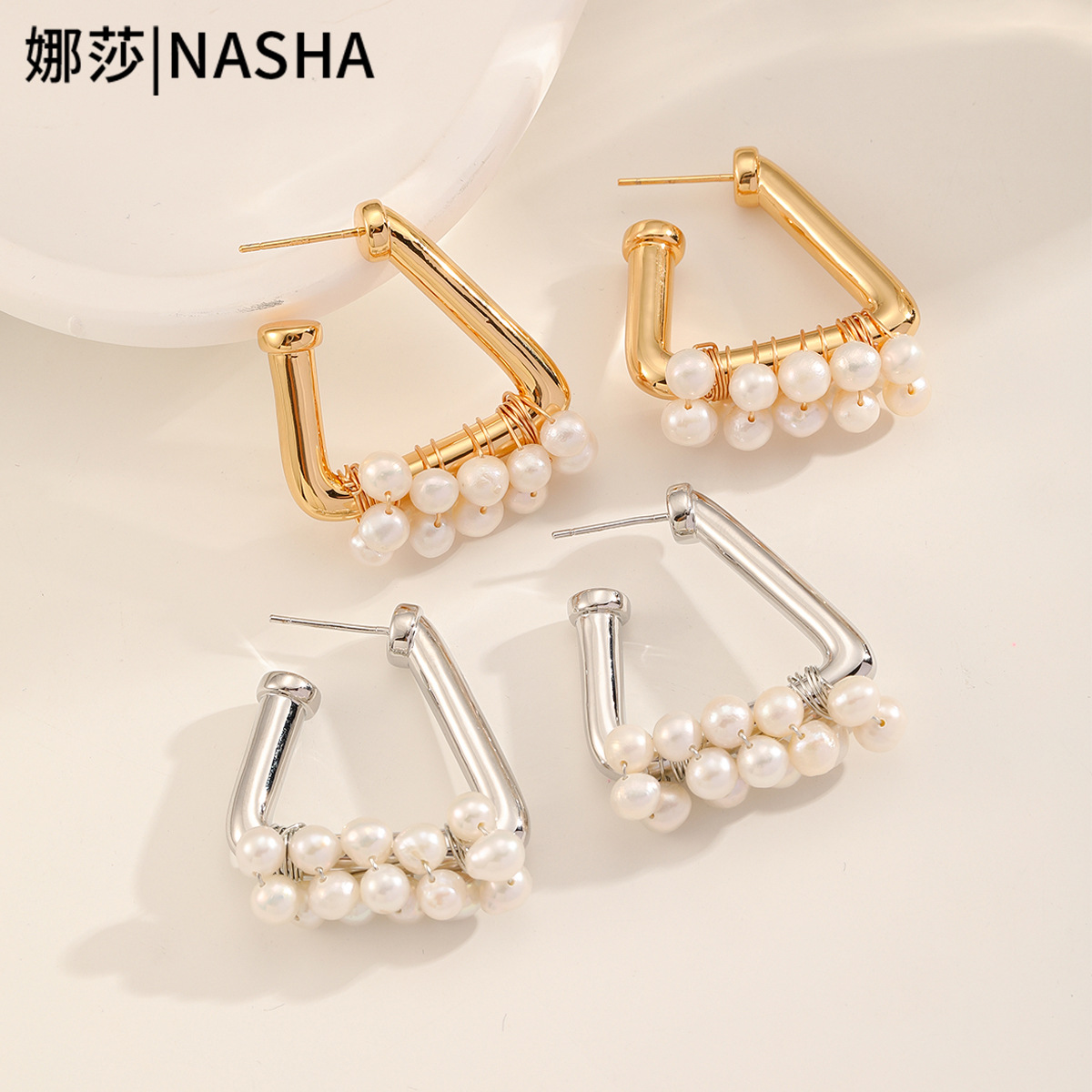 Nasha Cross-border Exclusive triangular freshwater pearl earrings, a niche, light luxury and high-end look, S925 silver needle earrings for women