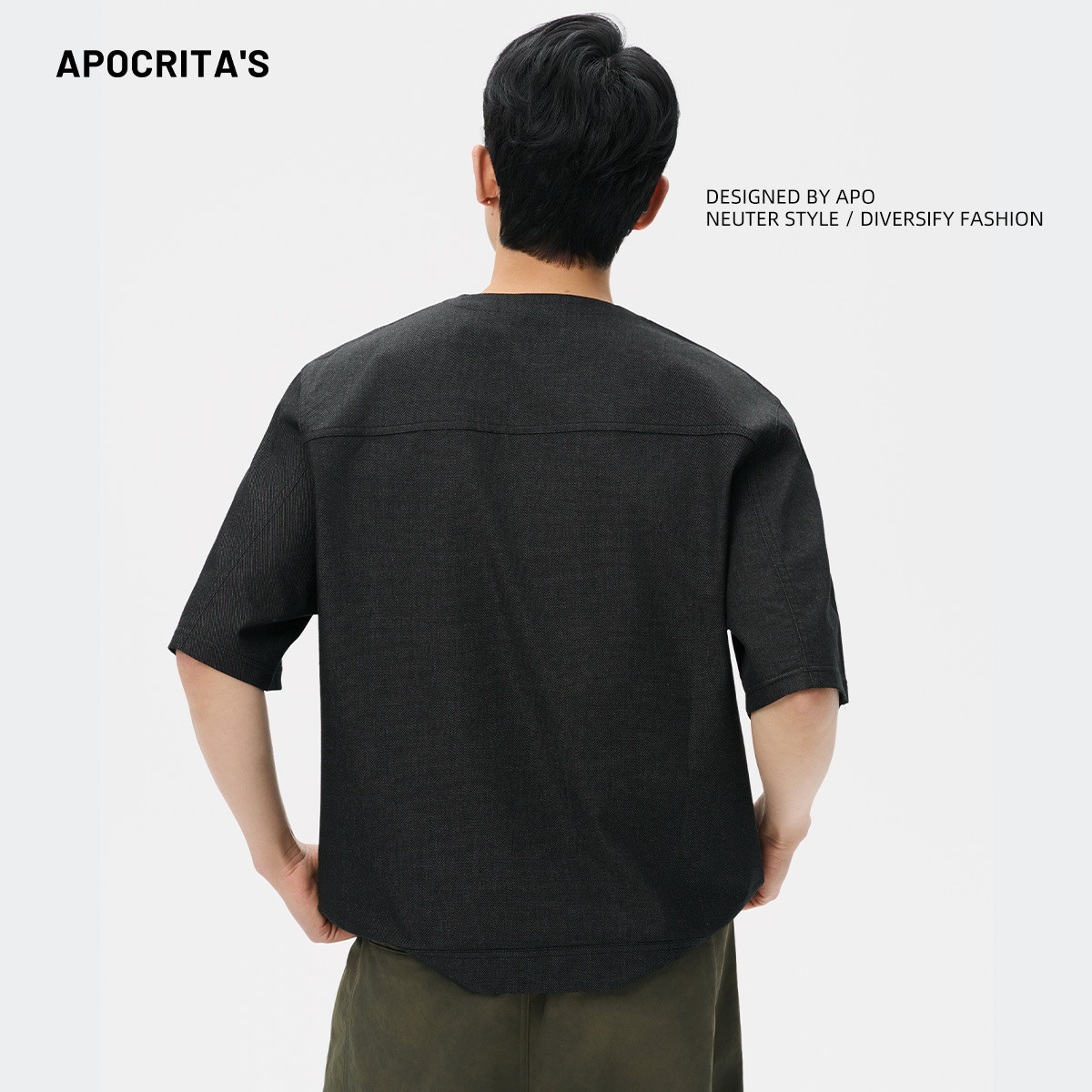 APO men's Wear: Summer short-sleeved men's T-shirt trendy brand, patchwork denim loose casual round-neck inner top and base layer details Picture