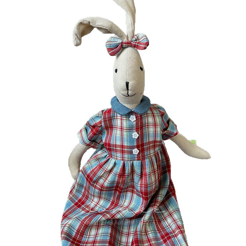 New Korean-style handcrafted cotton and linen rabbit doll, long-legged floral dress, rabbit home decoration doll gift, retro fabric long-eared rabbit doll, checkered and striped floral dress, shirt style soft wear, excellent choice as a souvenir Item Picture