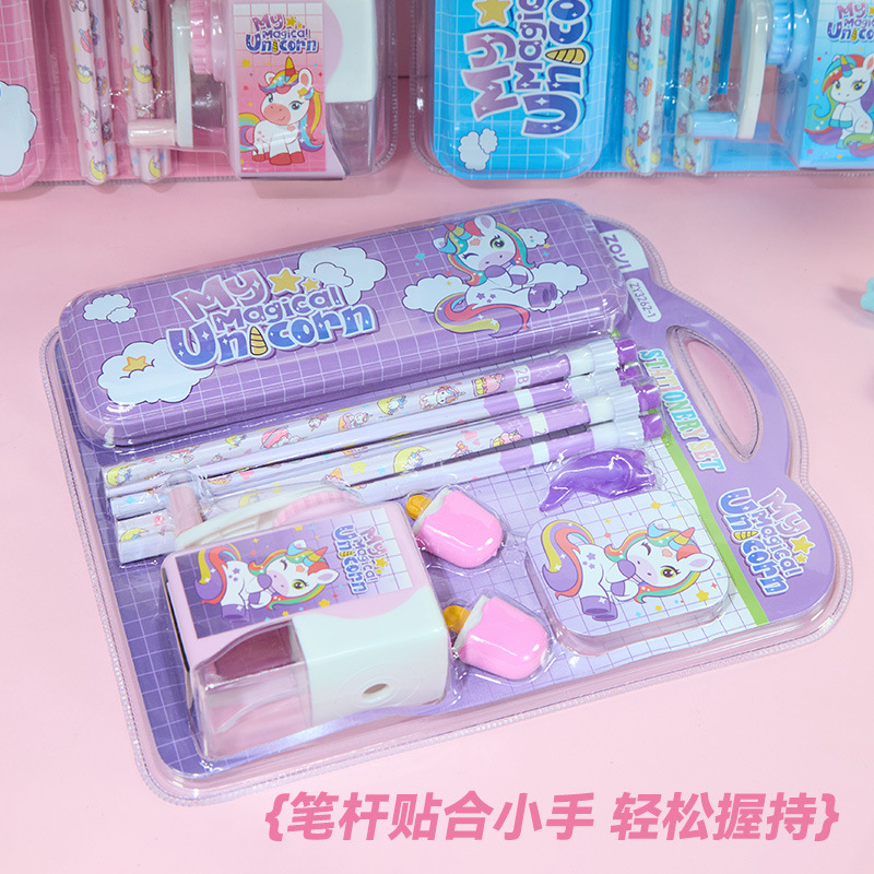 Cross-border Unicorn Cartoon Stationery Set Gift with pen case, pencil sharpener, pencil set for children and primary school students details Picture