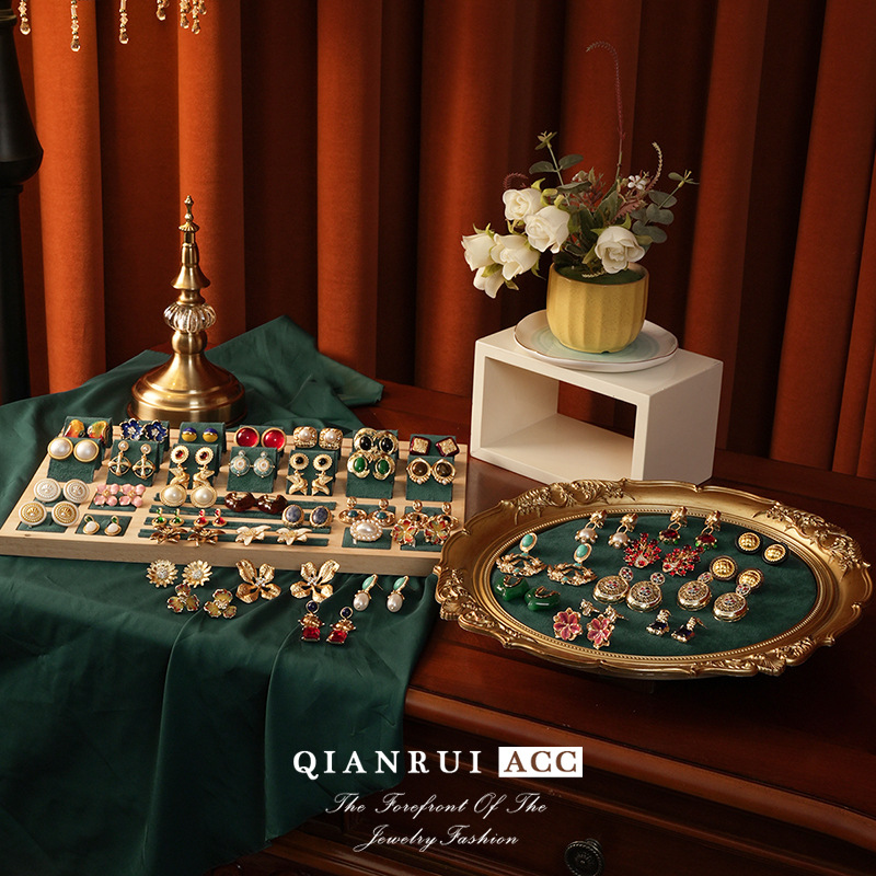 中古vintage复古耳环梵高油画系列滴油花朵珍珠流苏百搭耳饰批发产品图