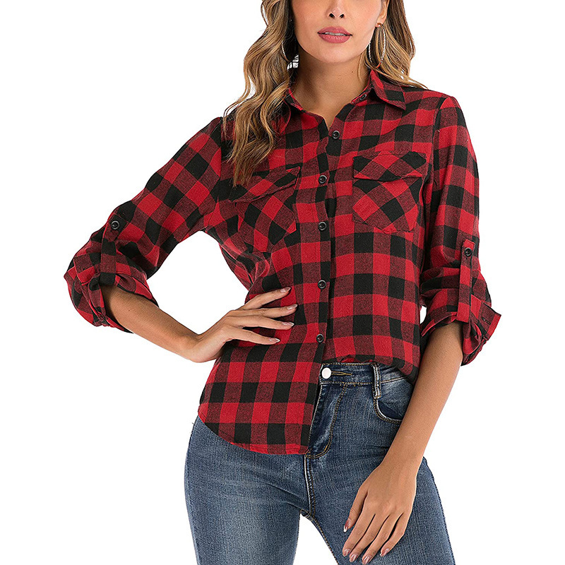 Amazon Women's Autumn and Winter new style foreign trade college sub-shirt, European and American women's lapel long-sleeved plaid shirt Item Picture