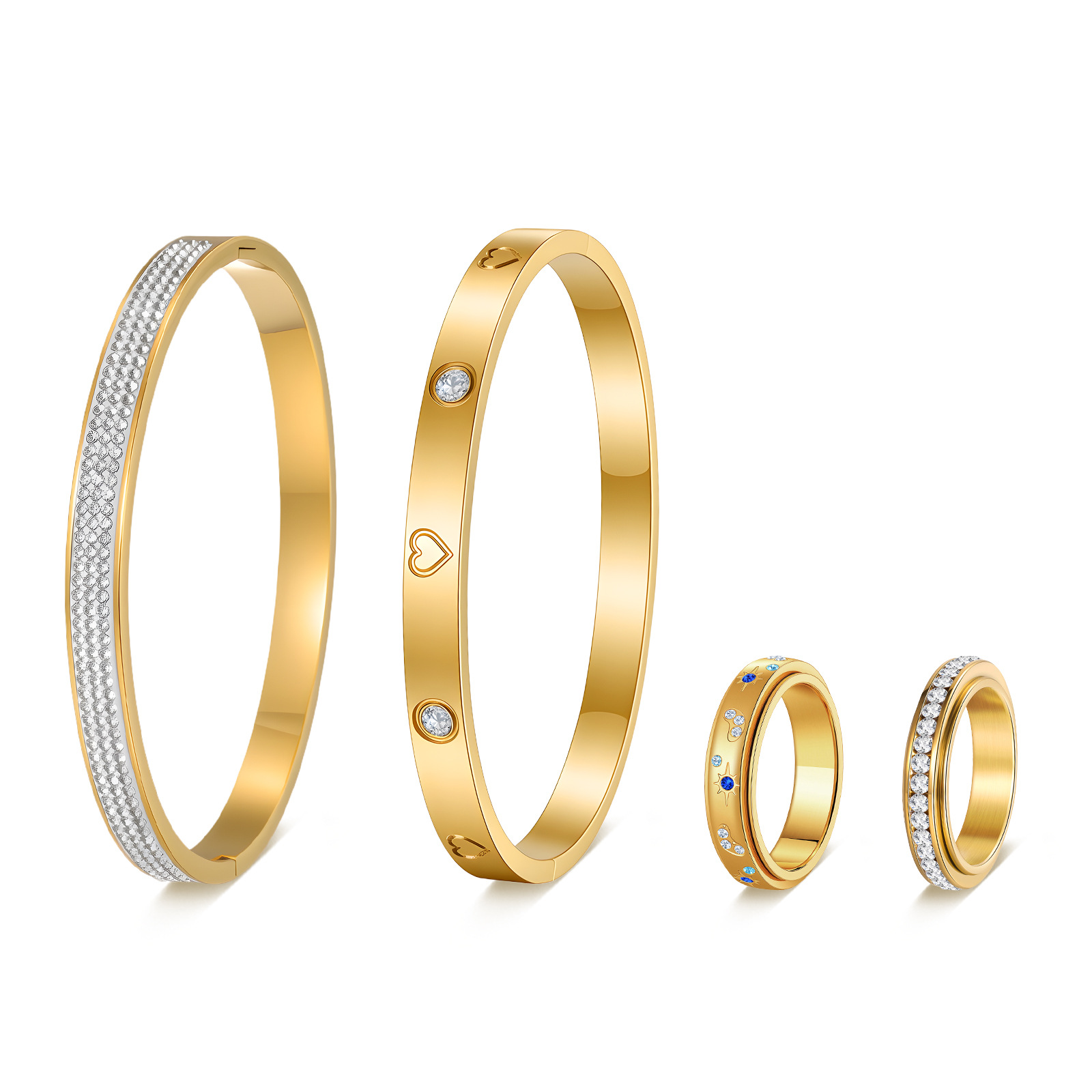 Transfronterizo europeo y americano nuevo estilo de mujer full diamond diseño ligero de lujo atmósfera anillo pulsera personalidad acero inoxidable cuatro piezas set Item Picture