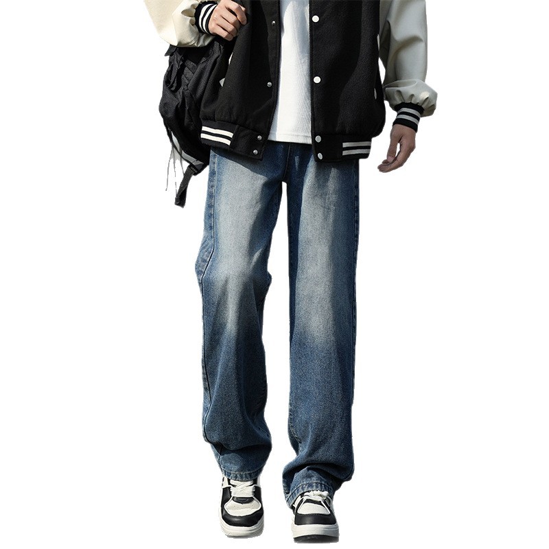 Retro washed jeans for men, spring and autumn trendy vibe loose straight-leg pants, high street wide-leg casual trousers Item Picture