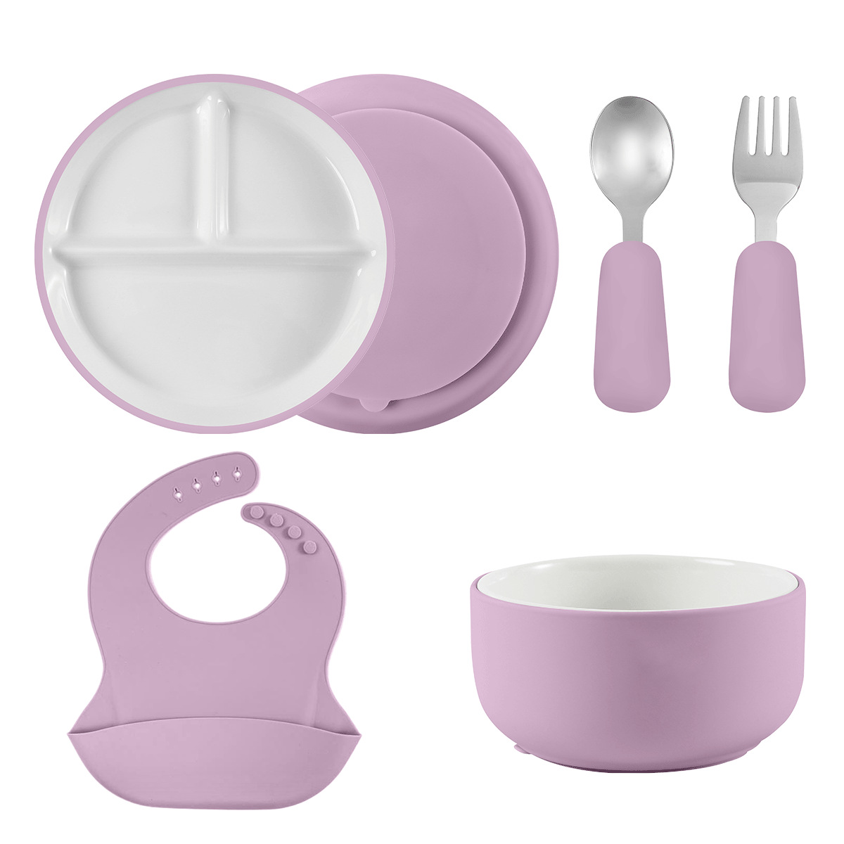 Wholesale of cross-border best-selling children's complementary food ceramic silicone plates, bowls, forks, spoons, bibs, and durable ceramic feeding sets Item Picture