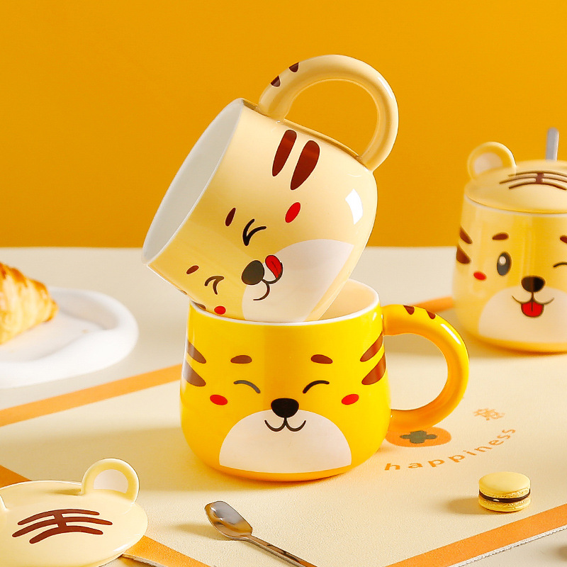 Cartoon super cute little tiger mug, Tiger Year ceramic water cup with lid and spoon, home office breakfast coffee cup Specification image
