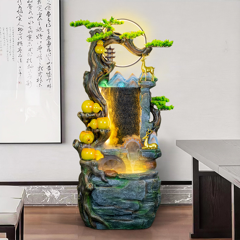 Water curtain wall, flowing water screen, artificial rockery, fountain, circulating water feature, gourd decoration, wealth-attracting feng shui wheel, living room floor ornaments Application Scenario