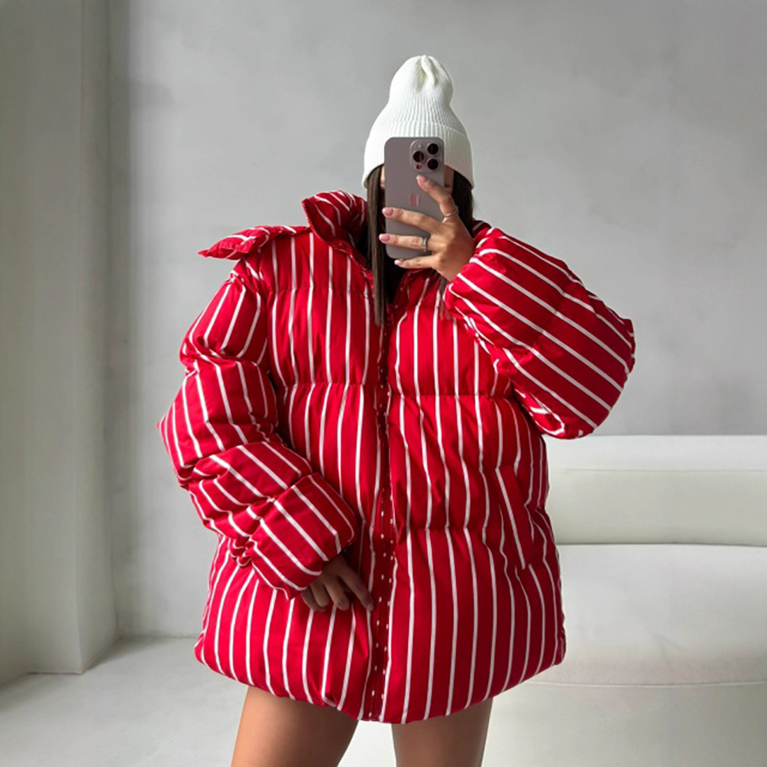 Cross-border Korean-style striped cotton-padded jacket for women, mid-length hooded loose, warm and fashionable ins style cotton-padded jacket for winter 2025 details Picture