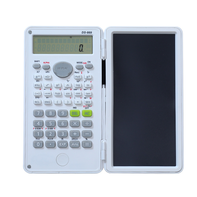 Light blue dual-function folding calculator with writing screen and stylus, portable multi-functional scientific calculator, blackboard note-taking tool Item Picture