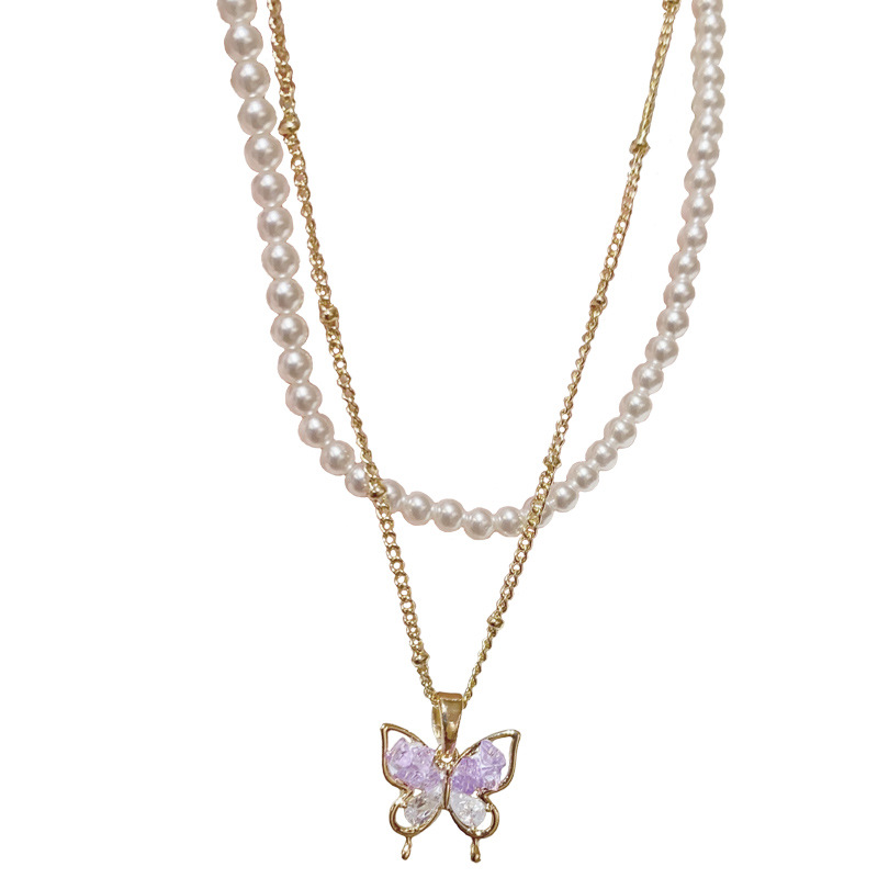 A fresh and fashionable, versatile double-layer glass bead butterfly pendant necklace, light luxury, simple and versatile, with a high-end feel for women Item Picture