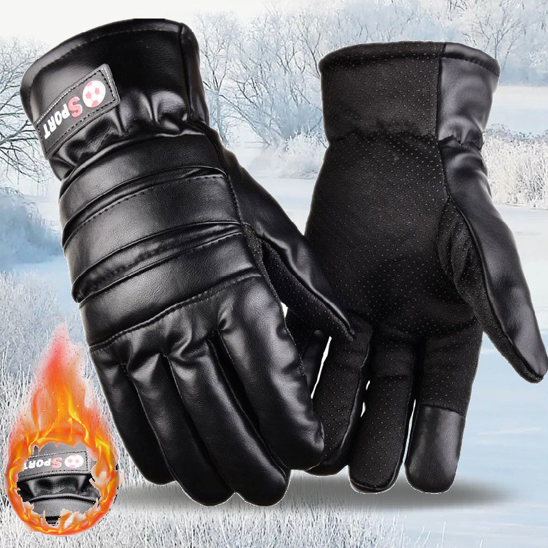 Winter leather gloves for men, thickened and warm for riding motorcycles, with fleece waterproof, wear-resistant and warm cotton for motorcycle riding