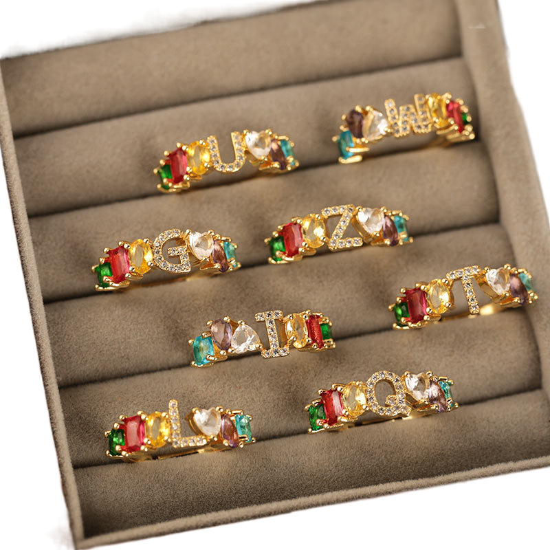 Wholesale of popular hand-set colored zirconium 26-letter open ring for women on Instagram in a cool and casual style Item Picture