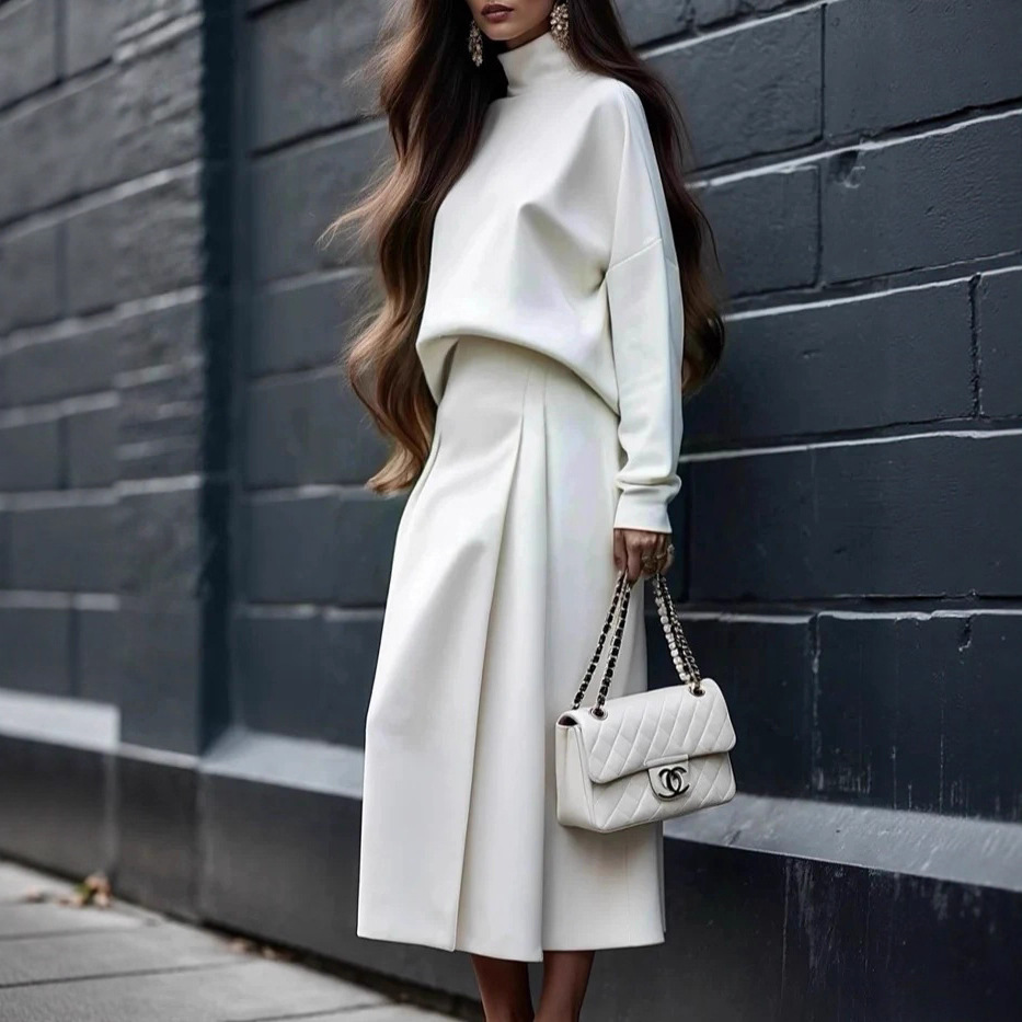 2025 European and American women's clothing Amazon solid-color long-sleeved high-neck top hoodie + long skirt elastic waist-cinching skirt Item Picture